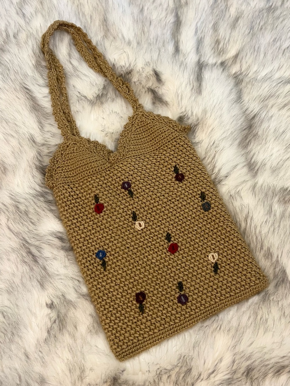 Vintage Tan Flower Embroidered Crochet Tote Shoulder Bag Cottagecore Whimsy